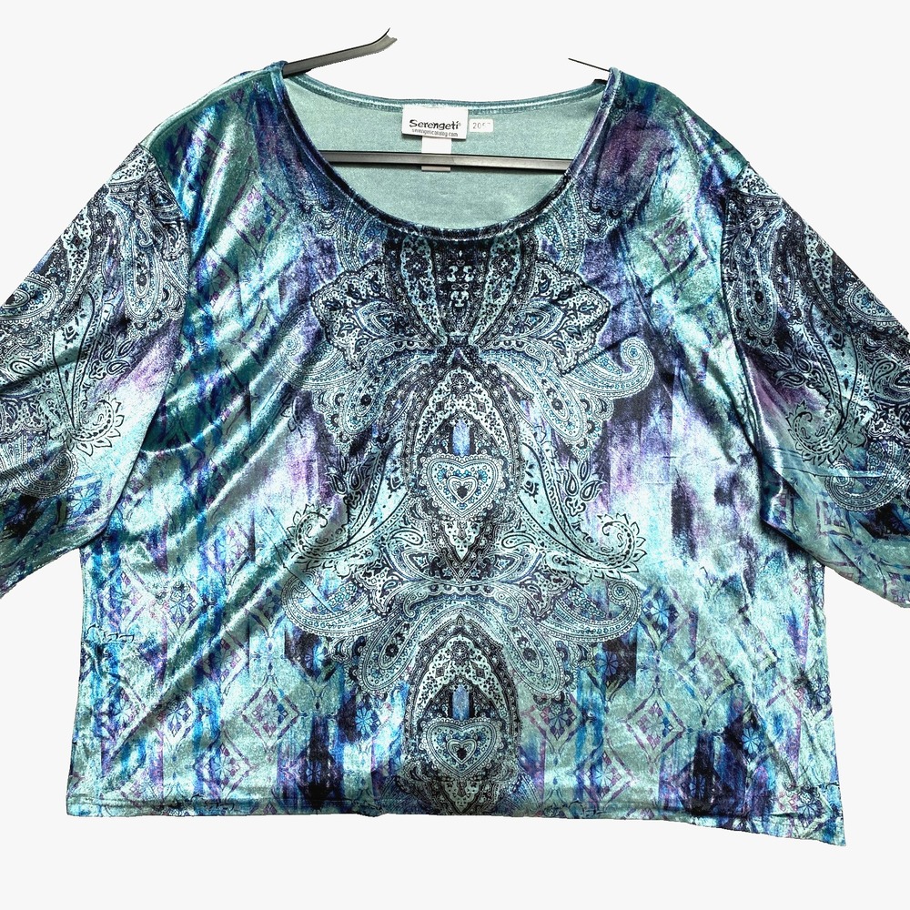 Serengeti Blouse Womens 3X Green Purple 3/4 Sleeve Velour Top Printed
